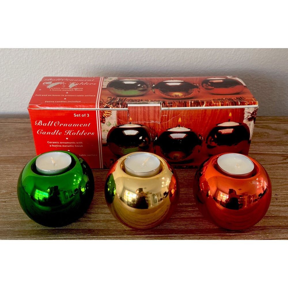 3‎ Vintage Metallic Ceramic Ball Ornament Votive Candle Holders Christmas Decor